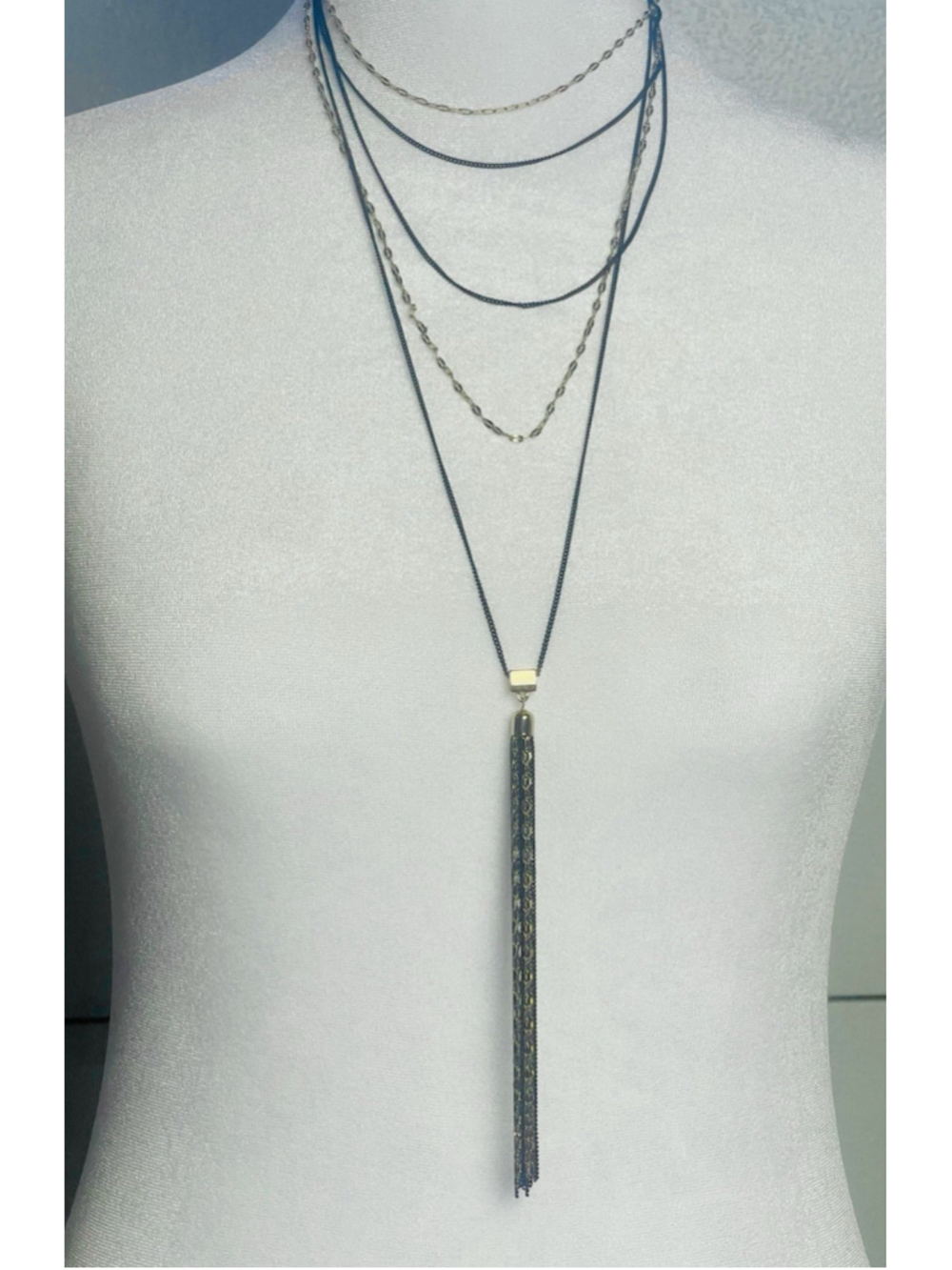Layered Lariat Tassel Bar Pendant Necklace Gold/Black Adjustable Lobster - Picture 3 of 5